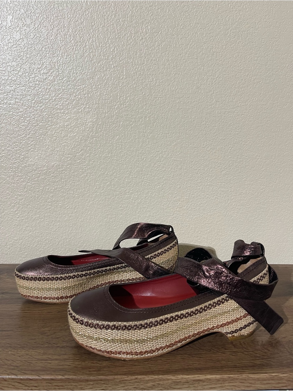 Women’s Metallic Brown Espadrille Wedge Flats with Ankle Tie